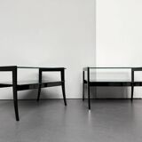 Pair of bedside tables, bedside consoles, black lacquer with glass tops, Italy, 1970s