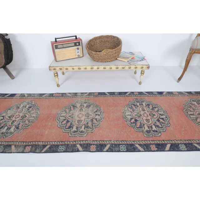 Vintage Turkish Oushak handmade cotton orange wool runner 73x273