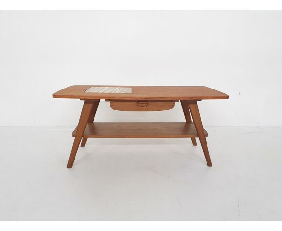 Mid-century teak coffee table with tiles and drawer, 1950