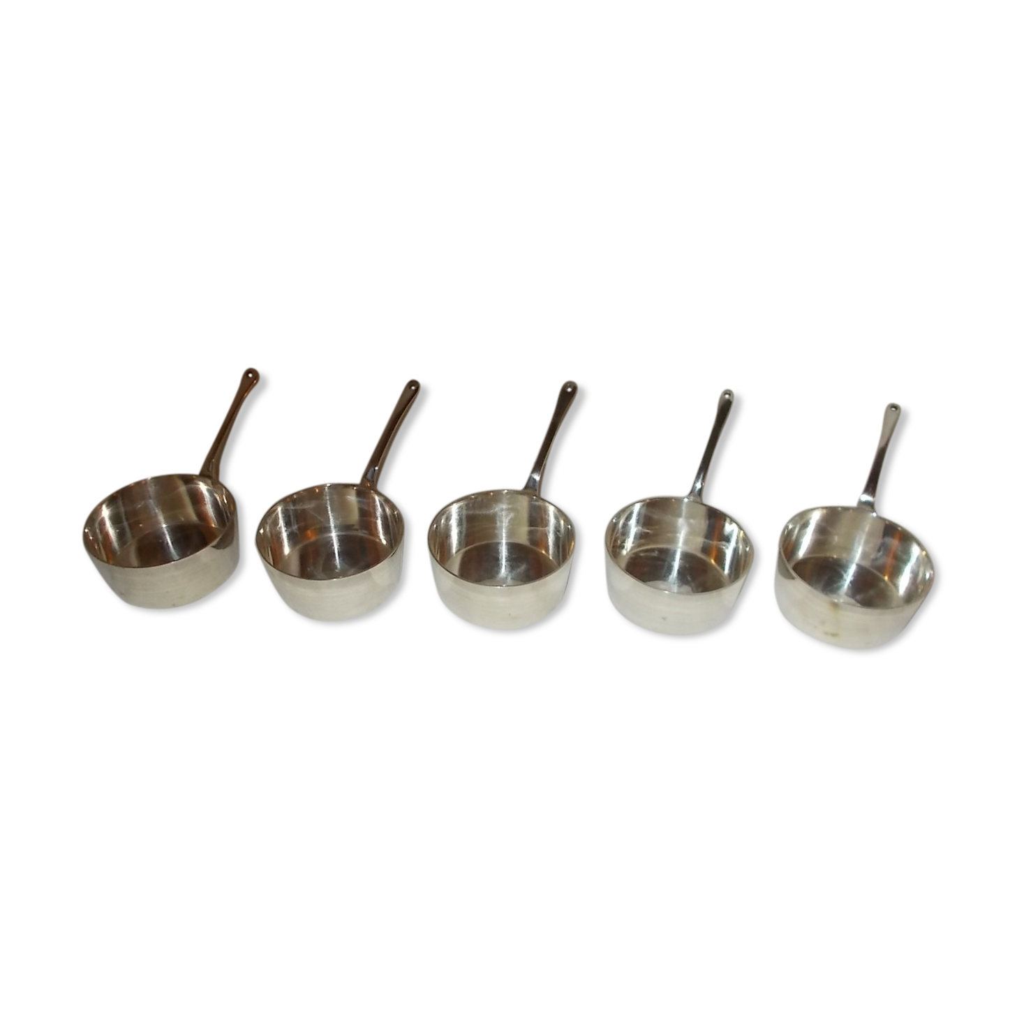 Set of 5 small silver metal poelons