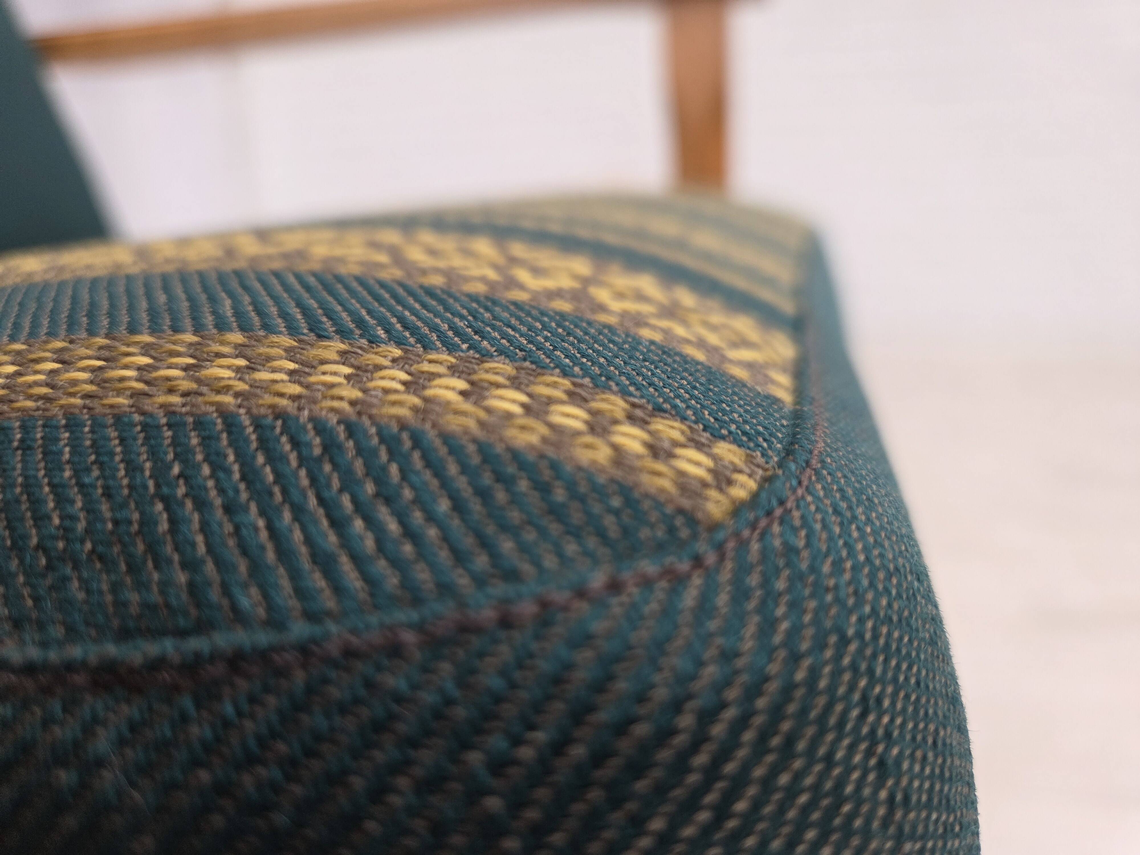 1970s, Scandinavian lounge chair, green furniture wool, solid oak wood.