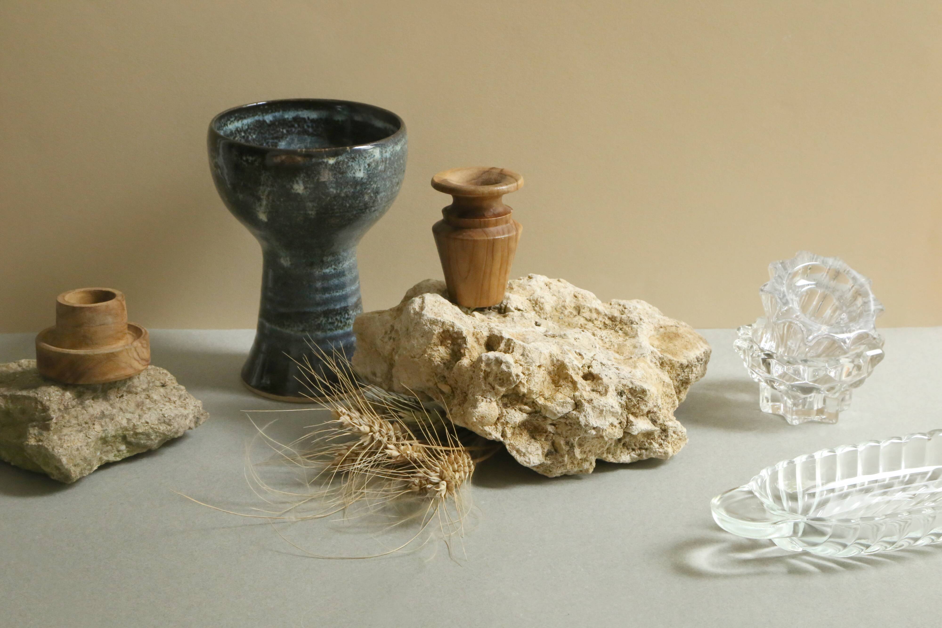 Turned raw wooden candlesticks