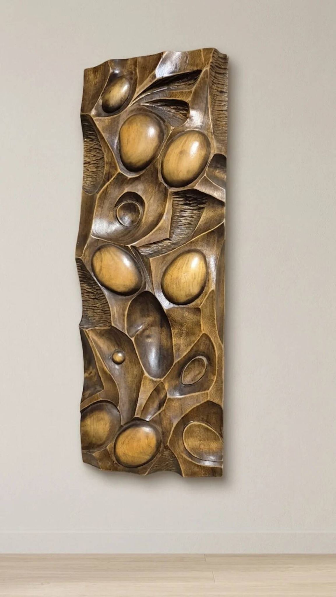 Wall Panel Carved Wood Relief Wall Art, Mid-20th Century, 55 × 20 × 5 cm