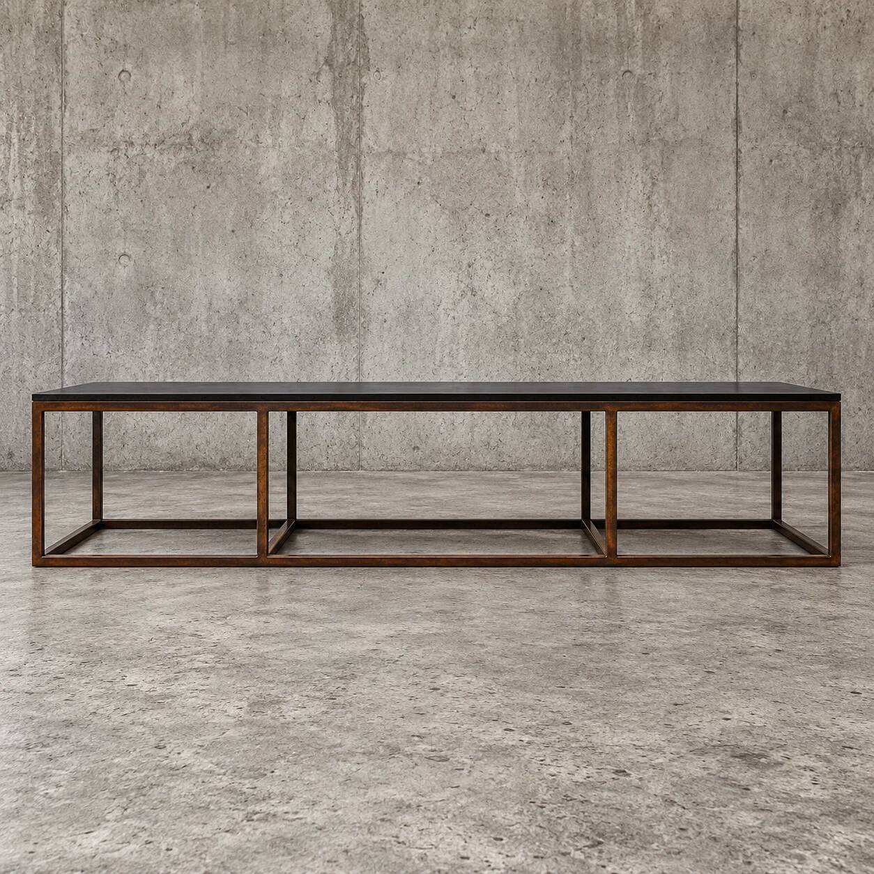 Weighty coffee table with solid iron frame and stone slate table tops, made on commission by architect Alex Vervoordt, Belgium 1990s