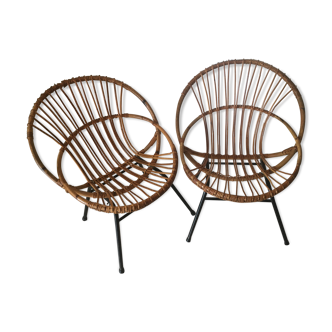 Paire de fauteuils corbeille en rotin