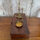 Antique trebuchet precision scale gilt bronze + wooden box + weight
