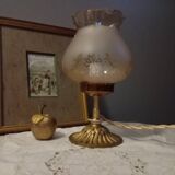Bronze foot table lamp, satin amber lampshade, circa 1960