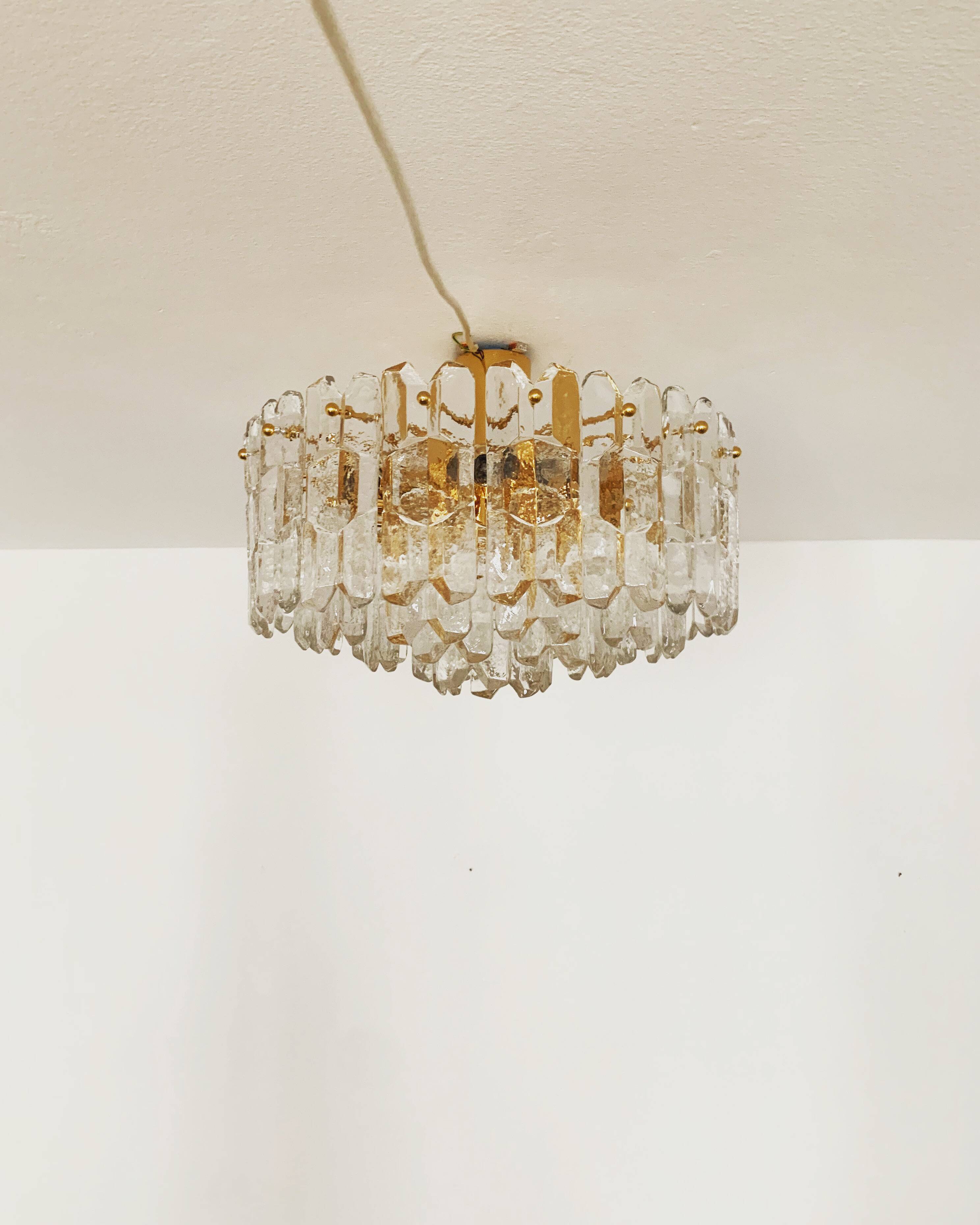 Gilded ice glass ceiling chandelier by J.T. Kalmar