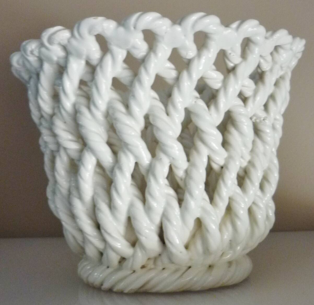 White enameled ceramic pot cover, braided, openwork, vintage