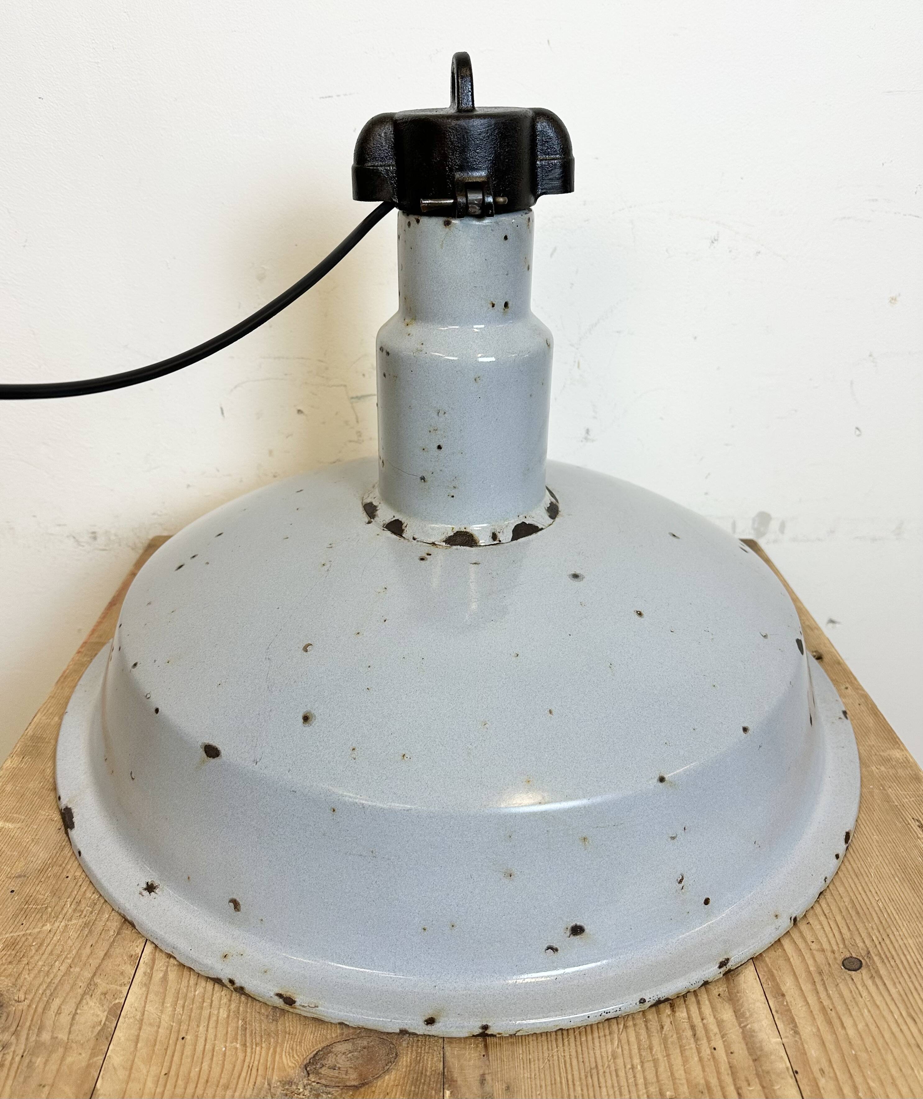 Large industrial midcentury grey enamel factory lamp, 1950s