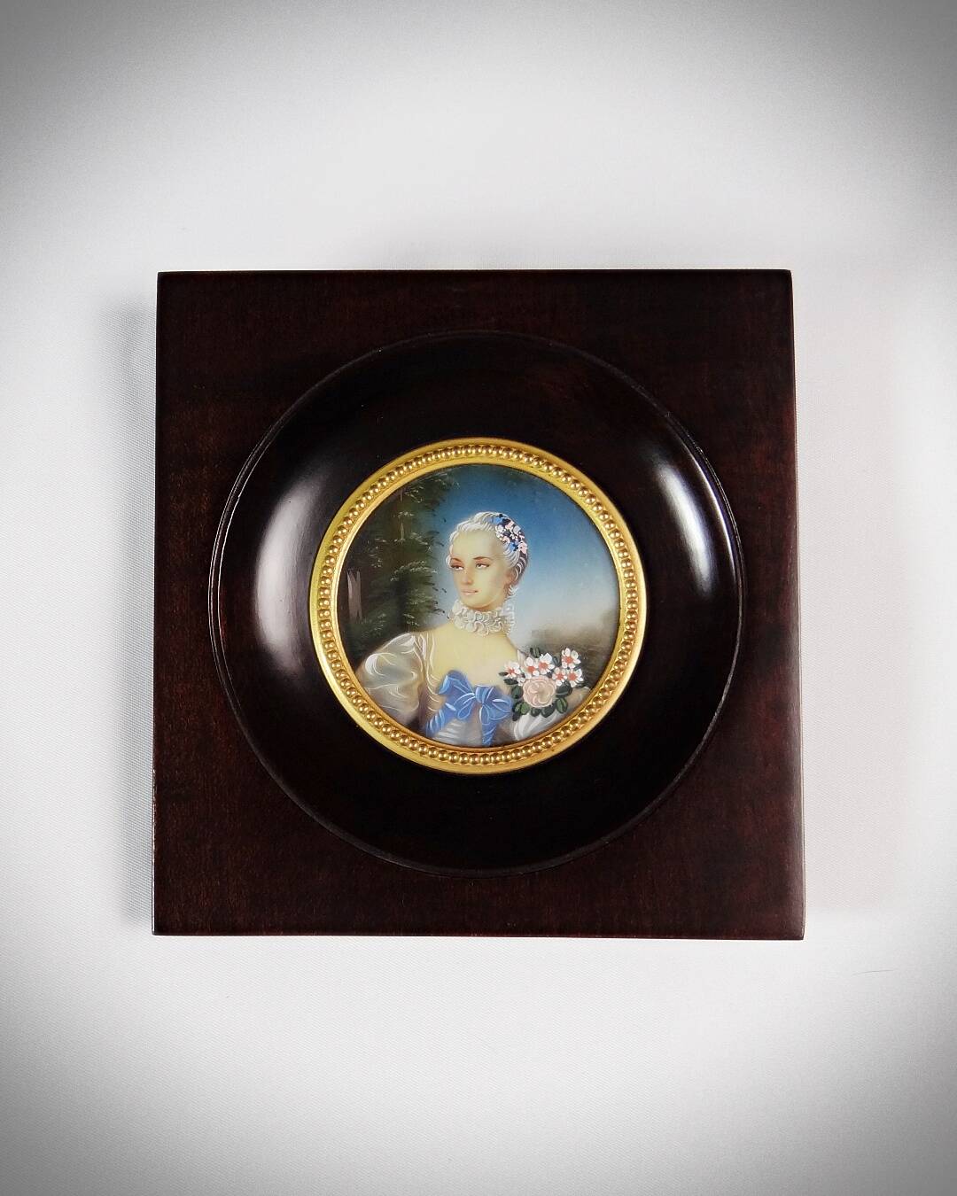 Miniature portrait of Madame Bergeret by Bouchet, hand-painted gouache, 19th century