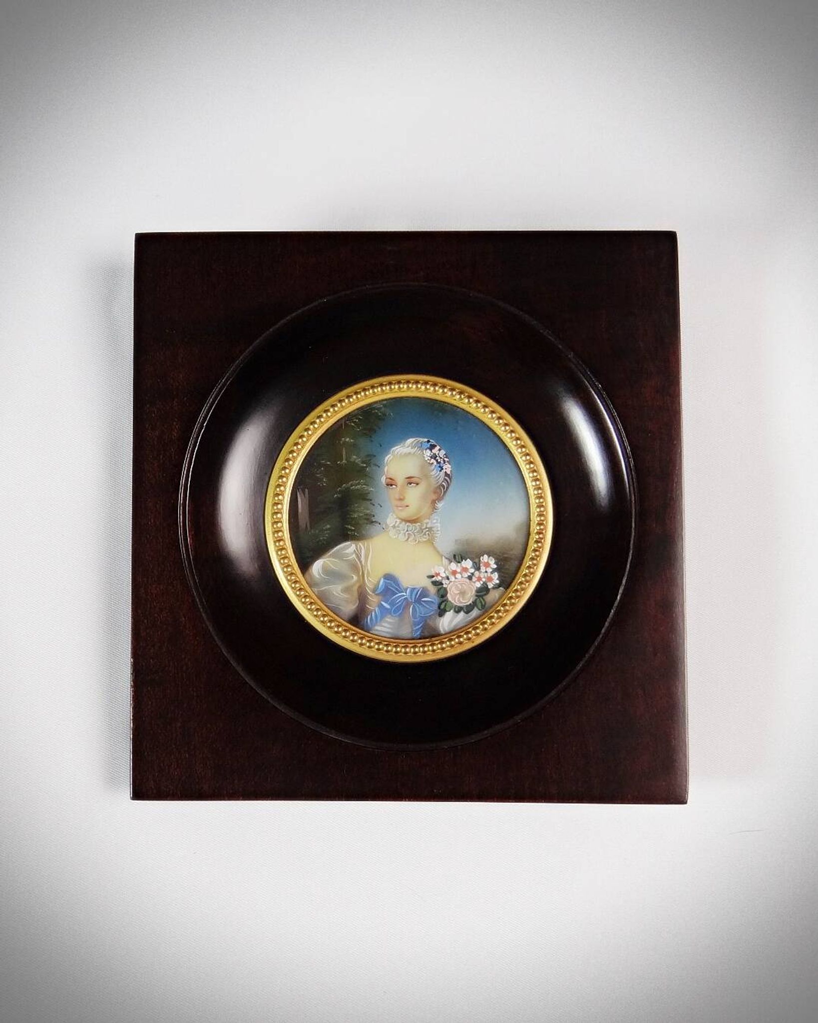 Miniature portrait of Madame Bergeret by Bouchet, hand-painted gouache, 19th century