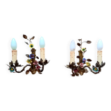 Appliques  laiton dore   fleurs porcelaine et branchages
