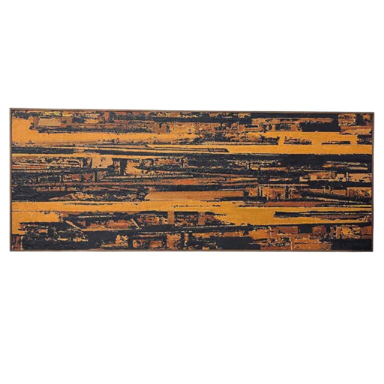 Orange and black abstract painting, oil on panel, Serge Detriaux, 1998