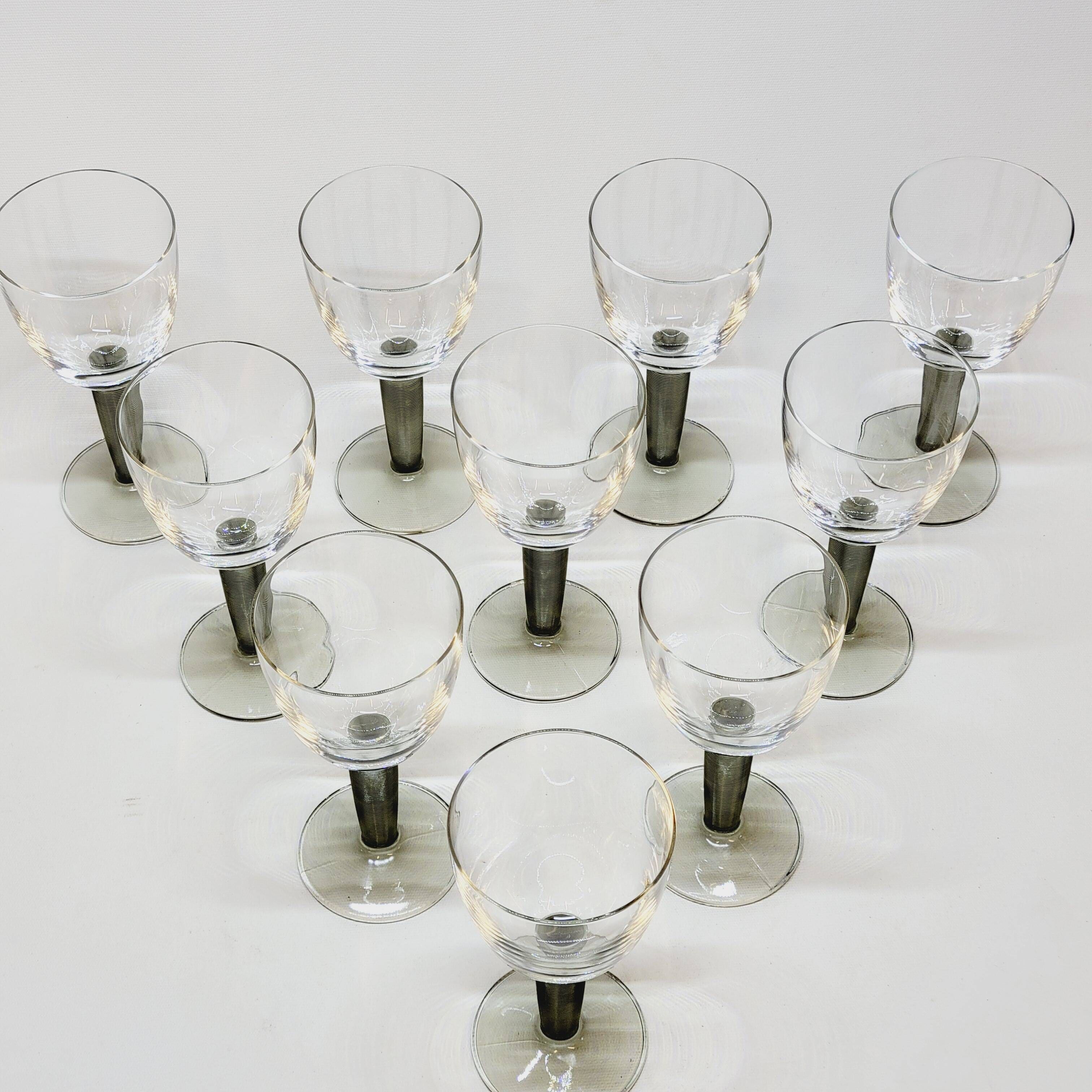 10 Bormioli Rocco Vintage Crystal Wine Glasses with Grooved Grey Stem