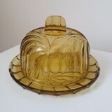 Cloche et plat en verre jaune fumé