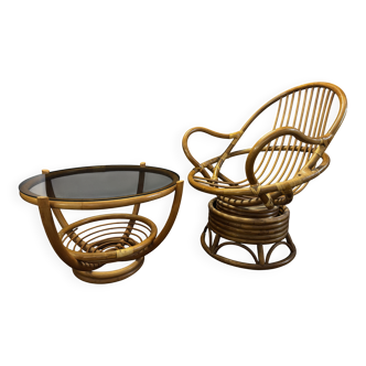 Swivel rattan armchair + rattan glass coffee table