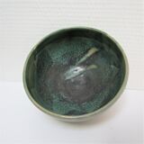 Bowl and round ceramic dish enamelled blue green brown vintage signed vintage