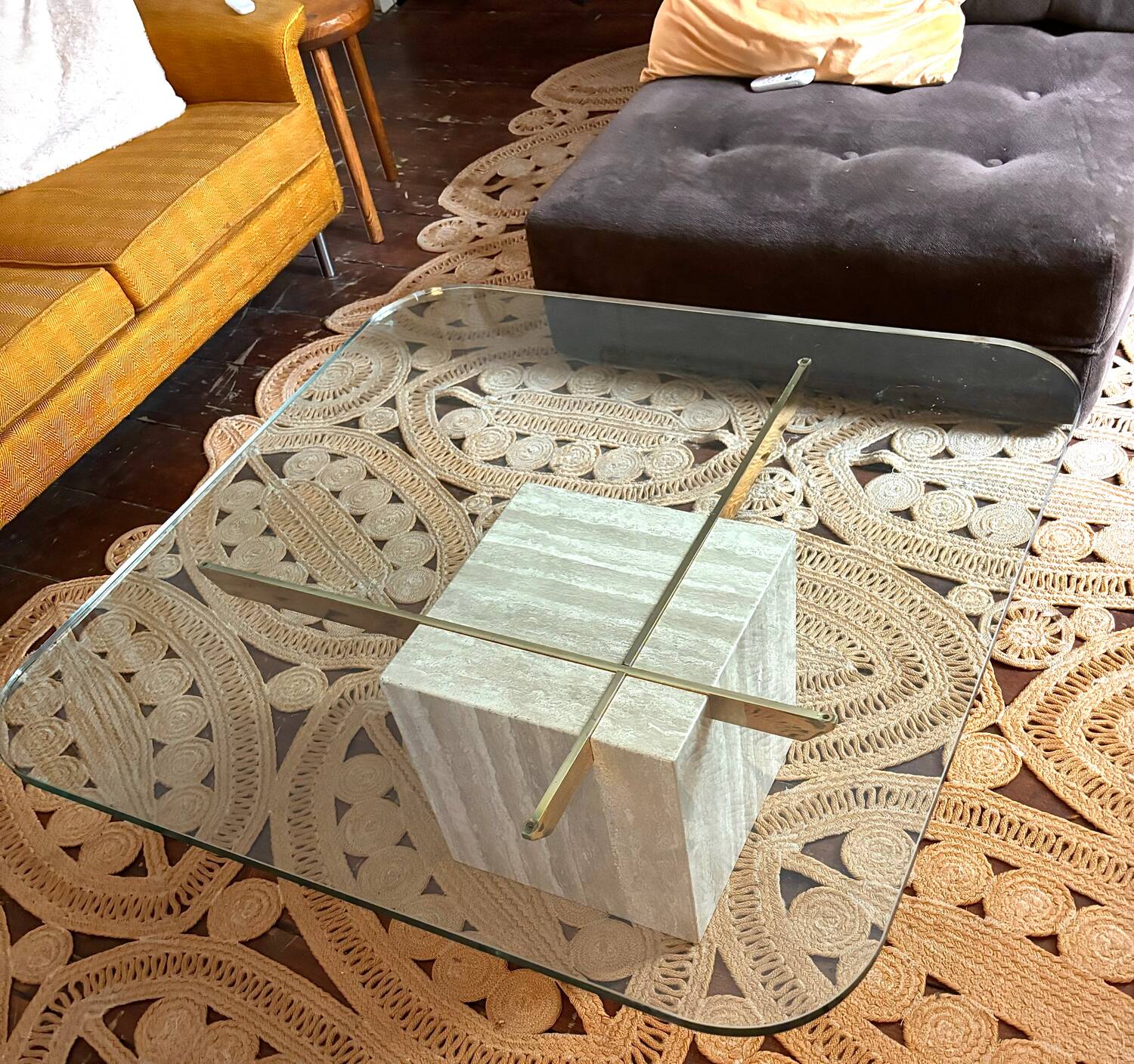 Artedi Italy 1970’s - coffee table brass,glass and travertin