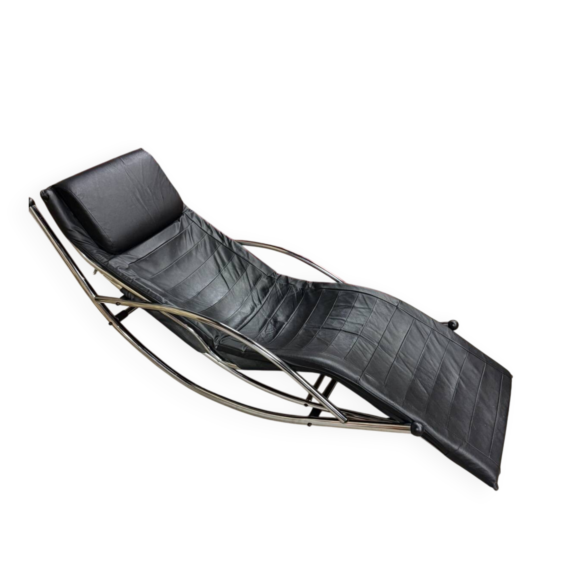 chaise longue italienne à bascule années 1980 en cuir et chrome