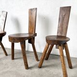 Set of three alpine chairs in solid pine, France, 1950s.