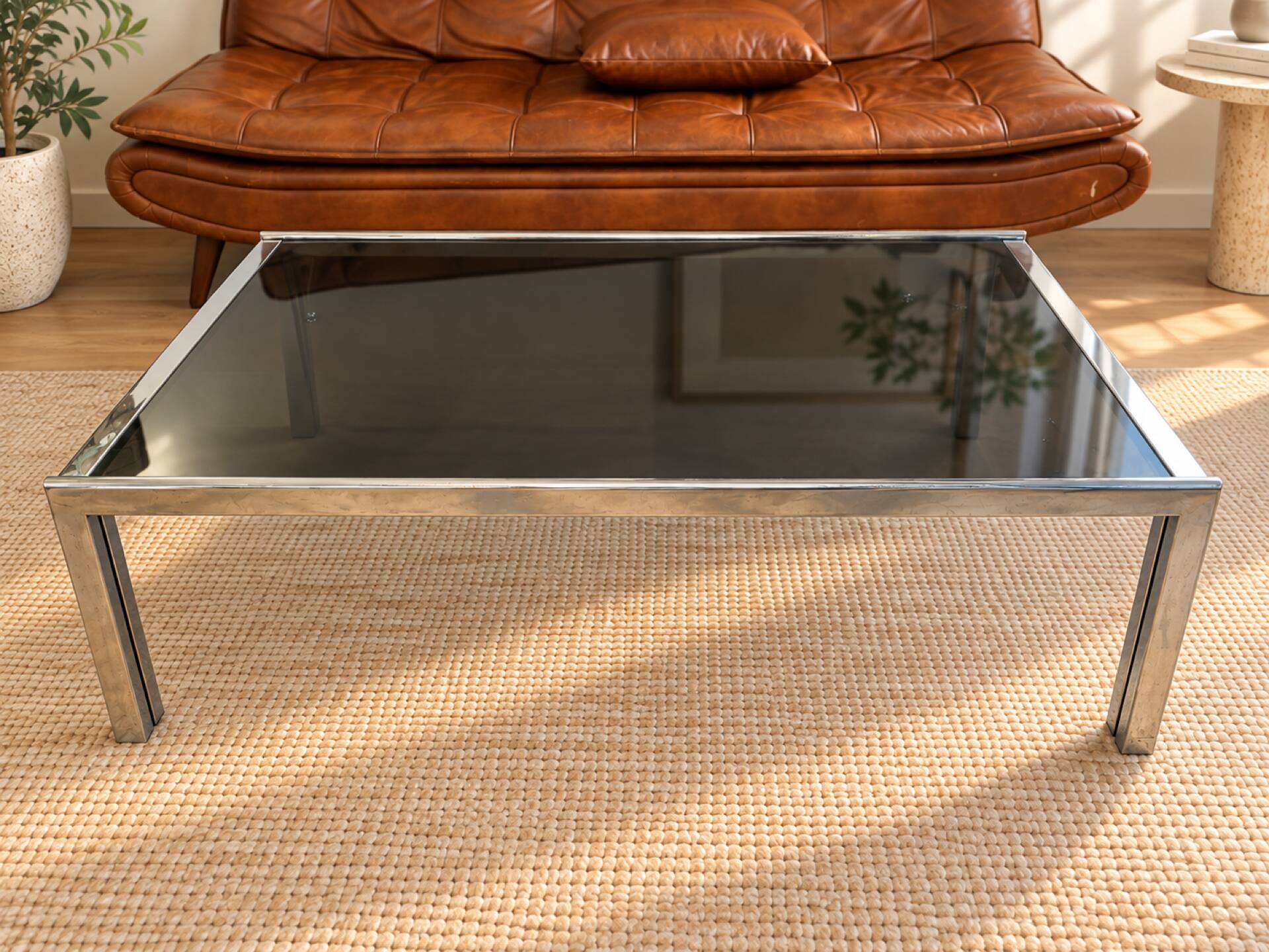Vintage coffee table in chrome and smoked glass – 1970s/80s