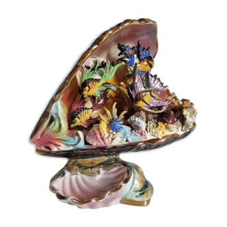 Lampe coquillage et poissons faïence