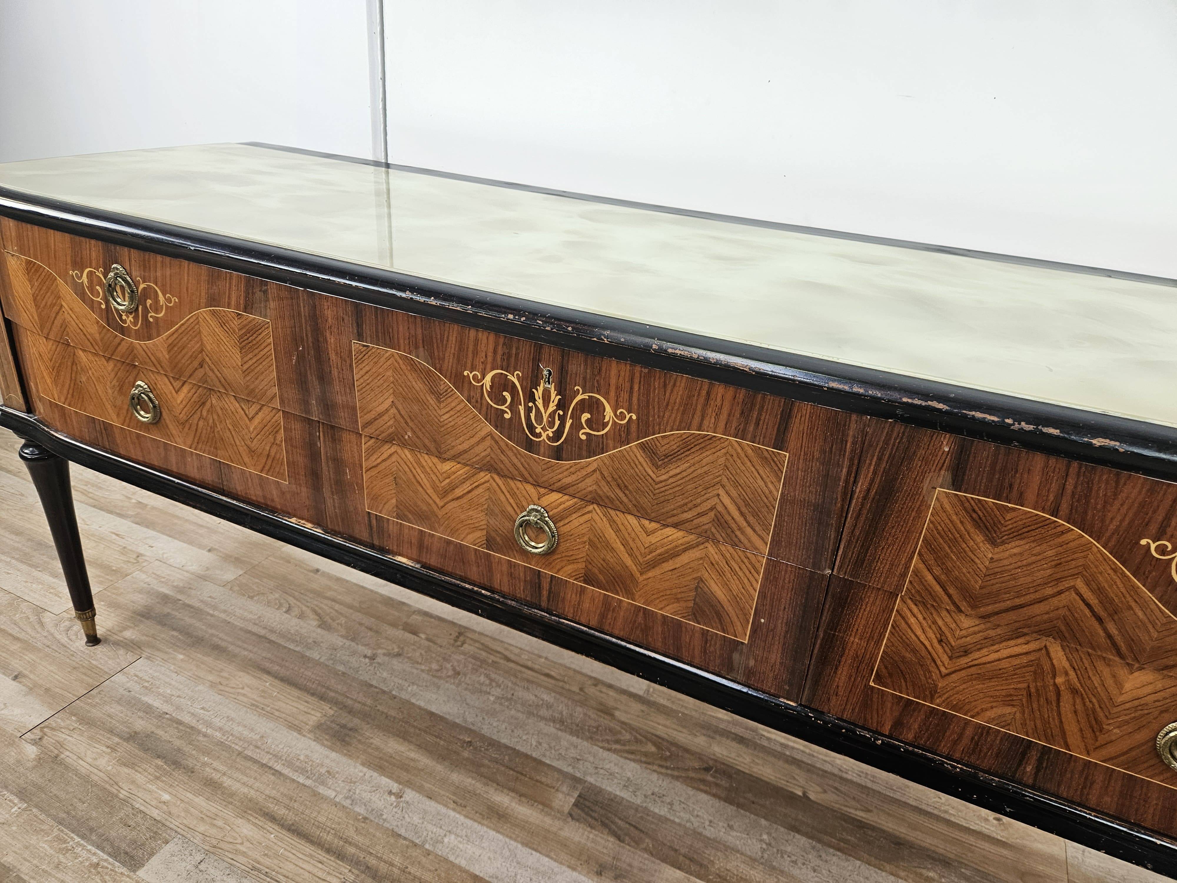 1960s bedroom dresser with six drawers and glass top