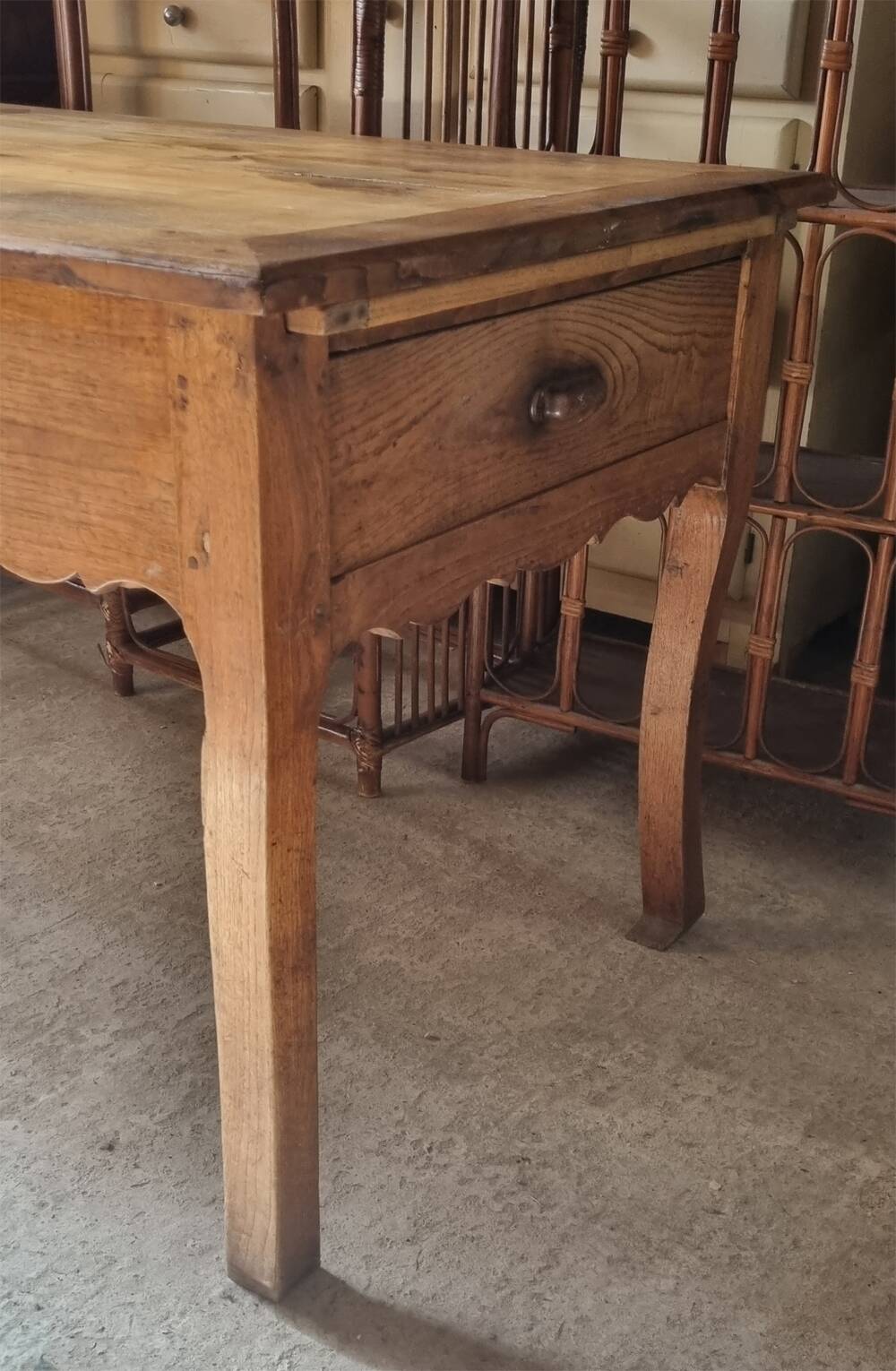 Solid oak farmhouse table, one drawer, vintage, early 20th century.
