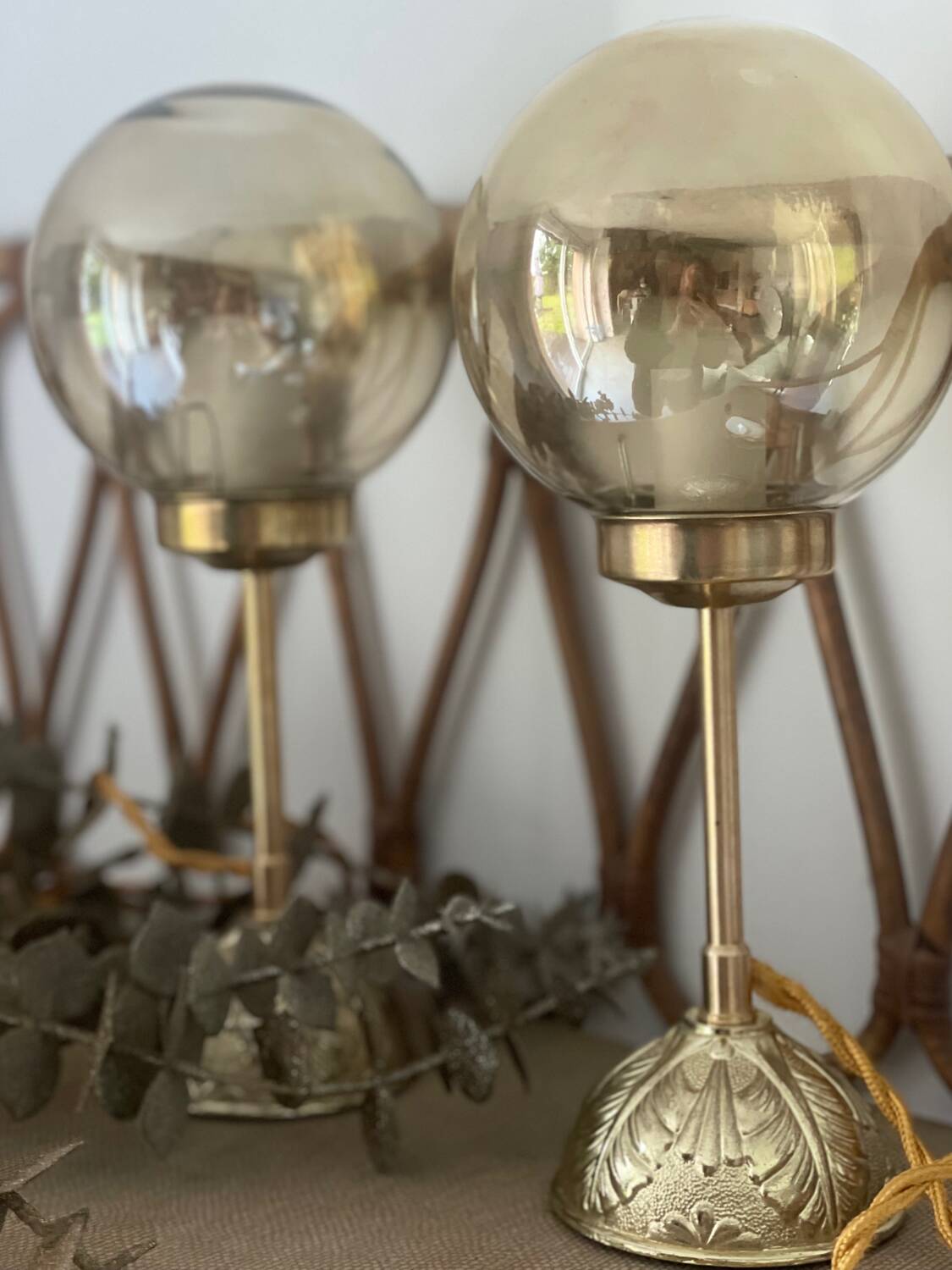 2 round globe amber glass bedside table lamps