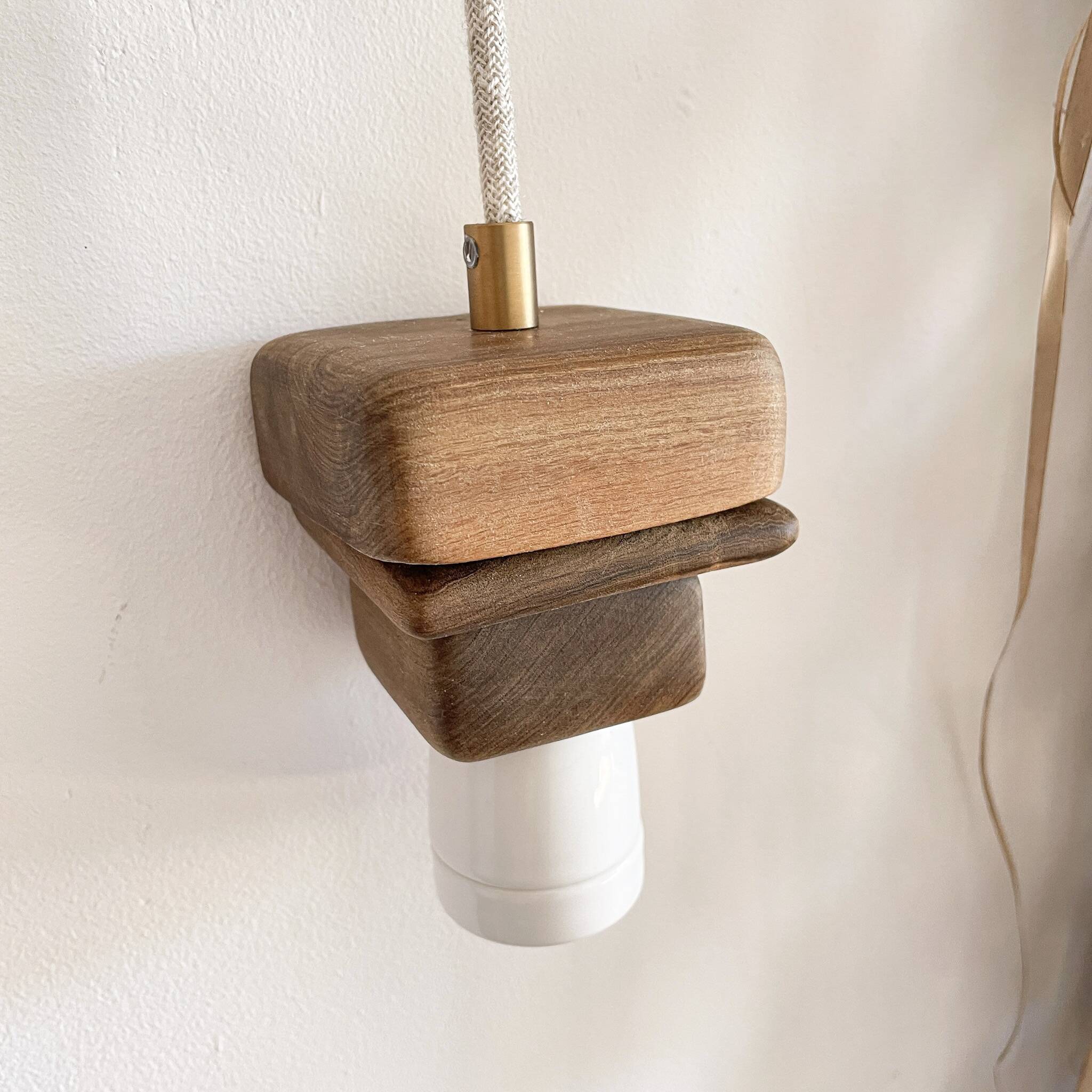 Wooden portable lamp with linen cable