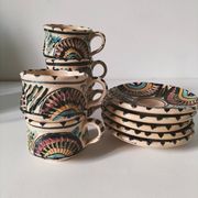 Service à thé marocain vintage, théière et 5 tasses et soucoupes