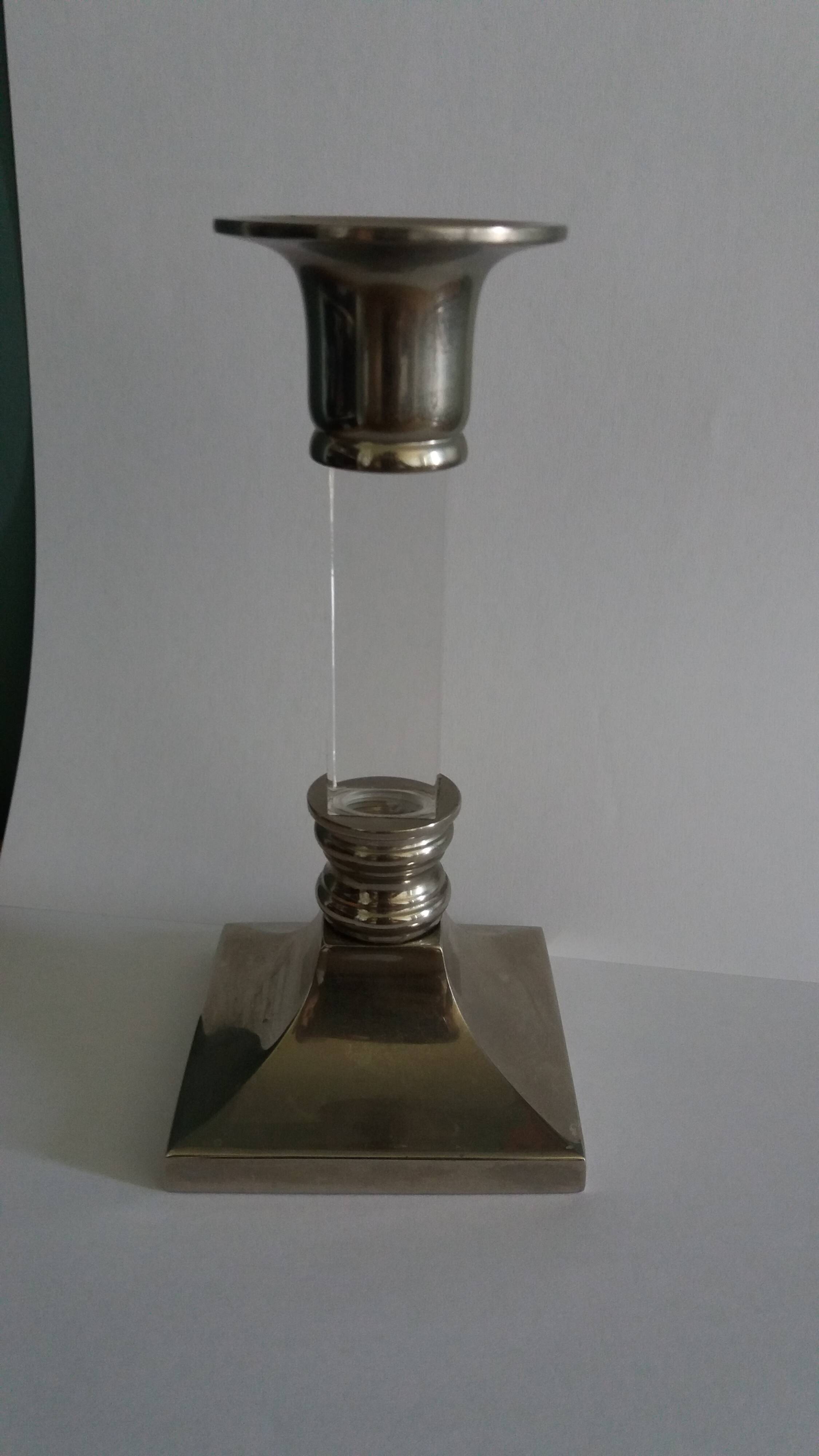 Silver-plated metal candlestick and lucite plexiglass