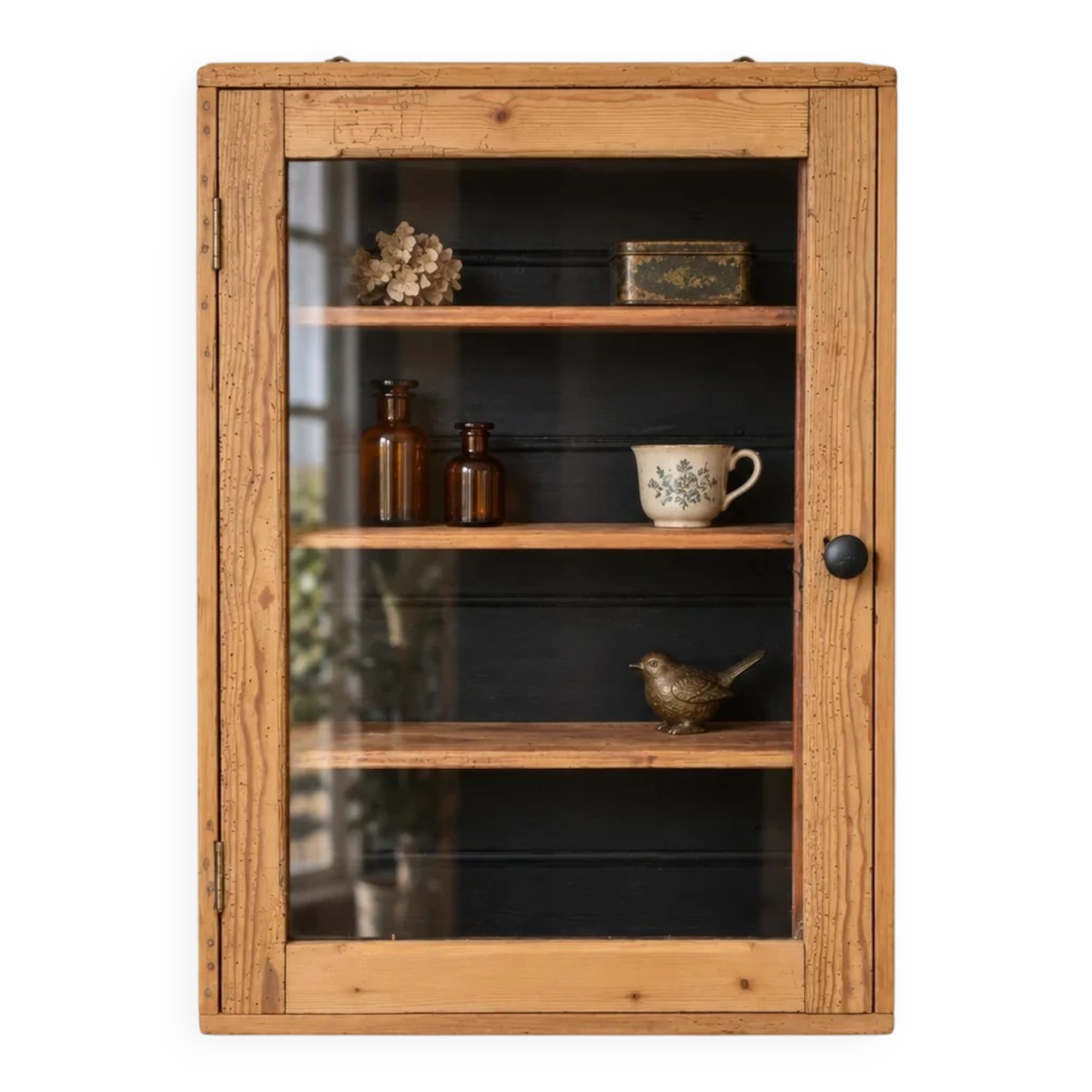 Antique wall display cabinet in natural wood and black – small glass-fronted collector's piece.