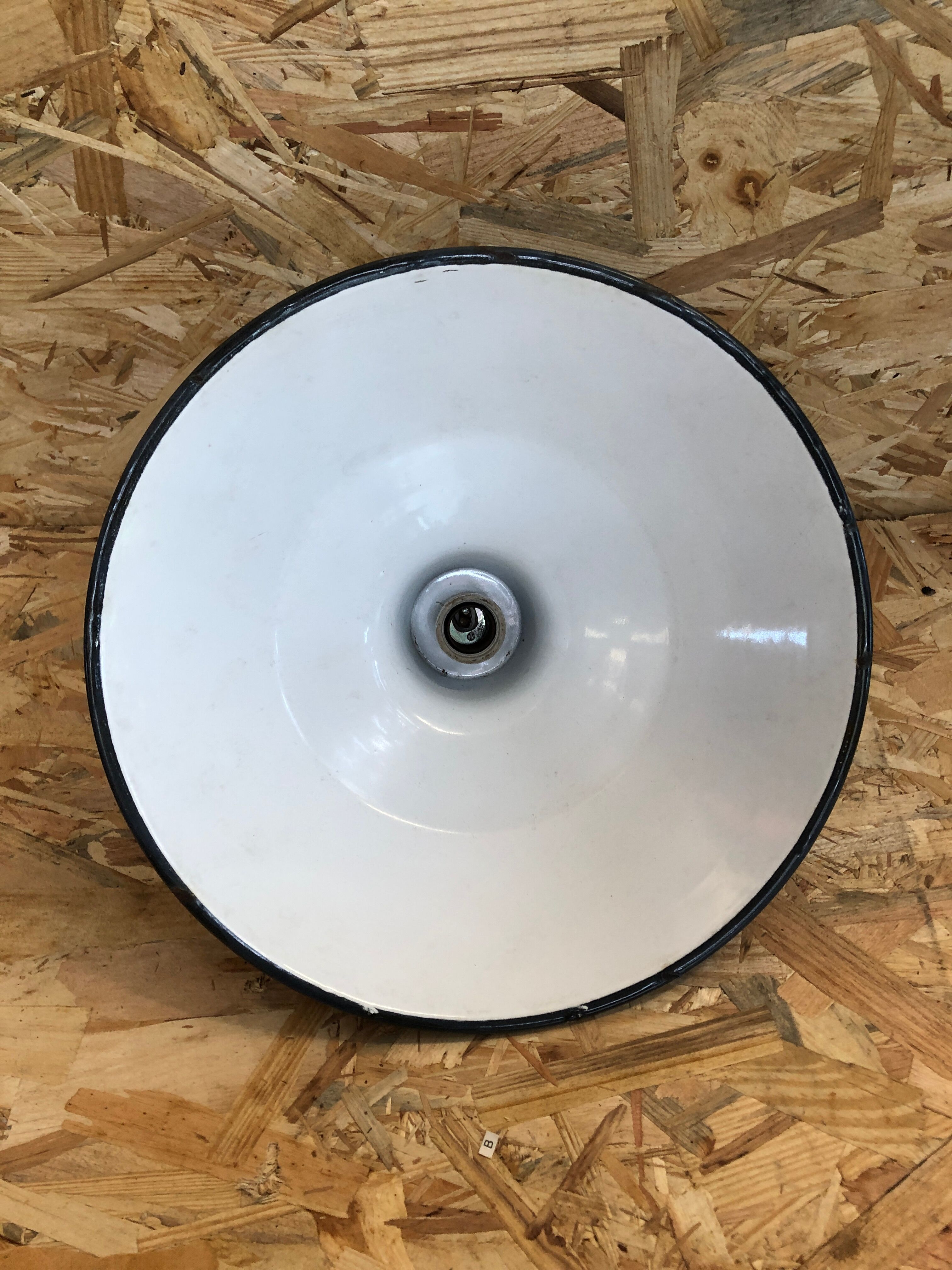 Old pendant lamp workshop metal enamel blue & white vintage ceramic socket