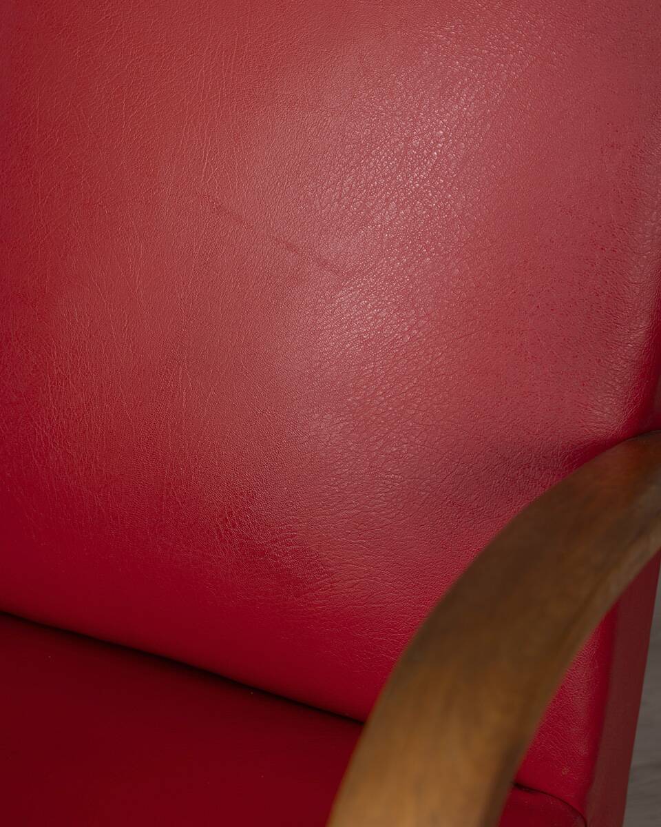 Pair of vintage 1950's armchairs in red leather, italian design