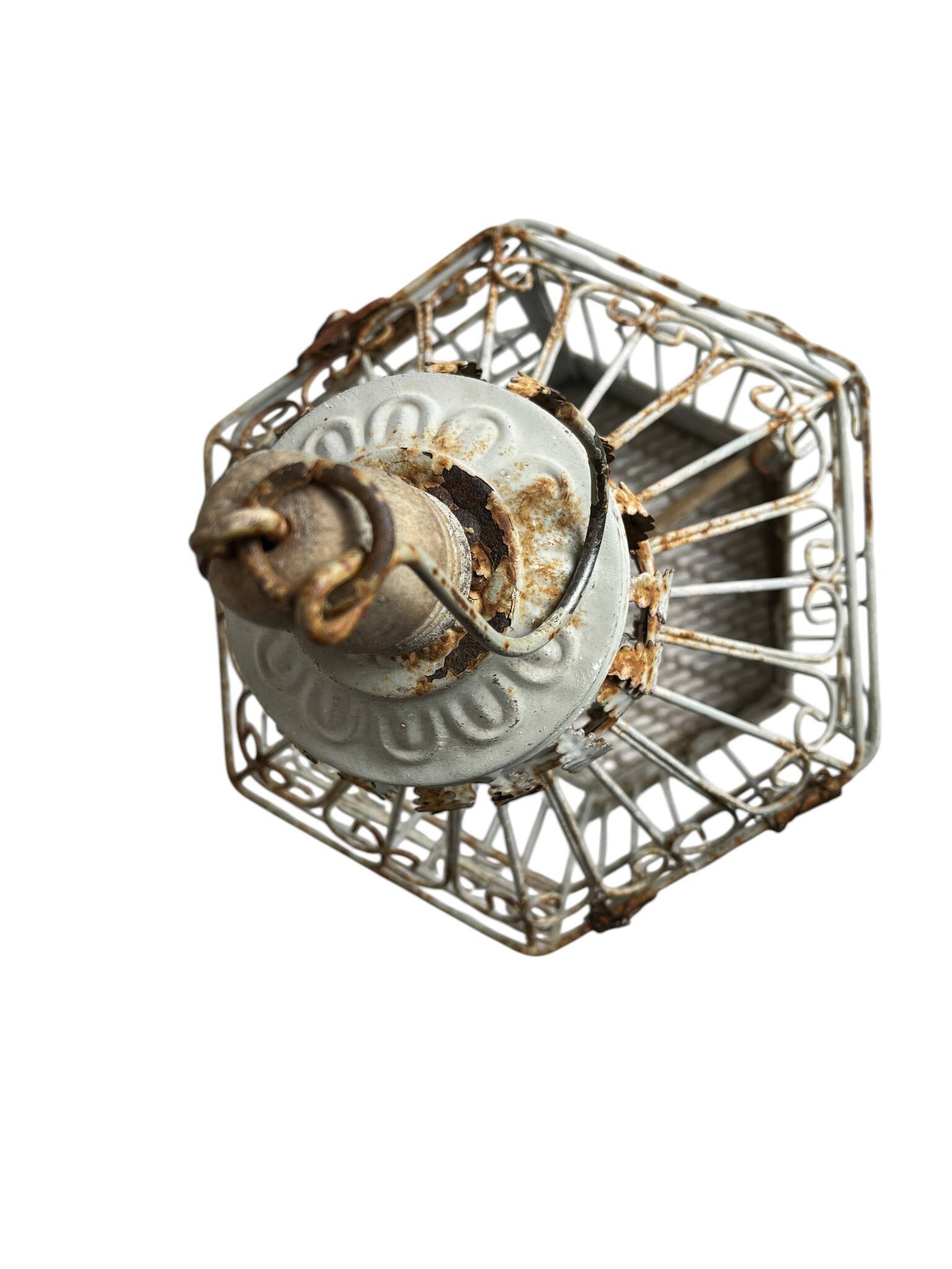 Vintage hexagonal metal birdcage from around 1940.