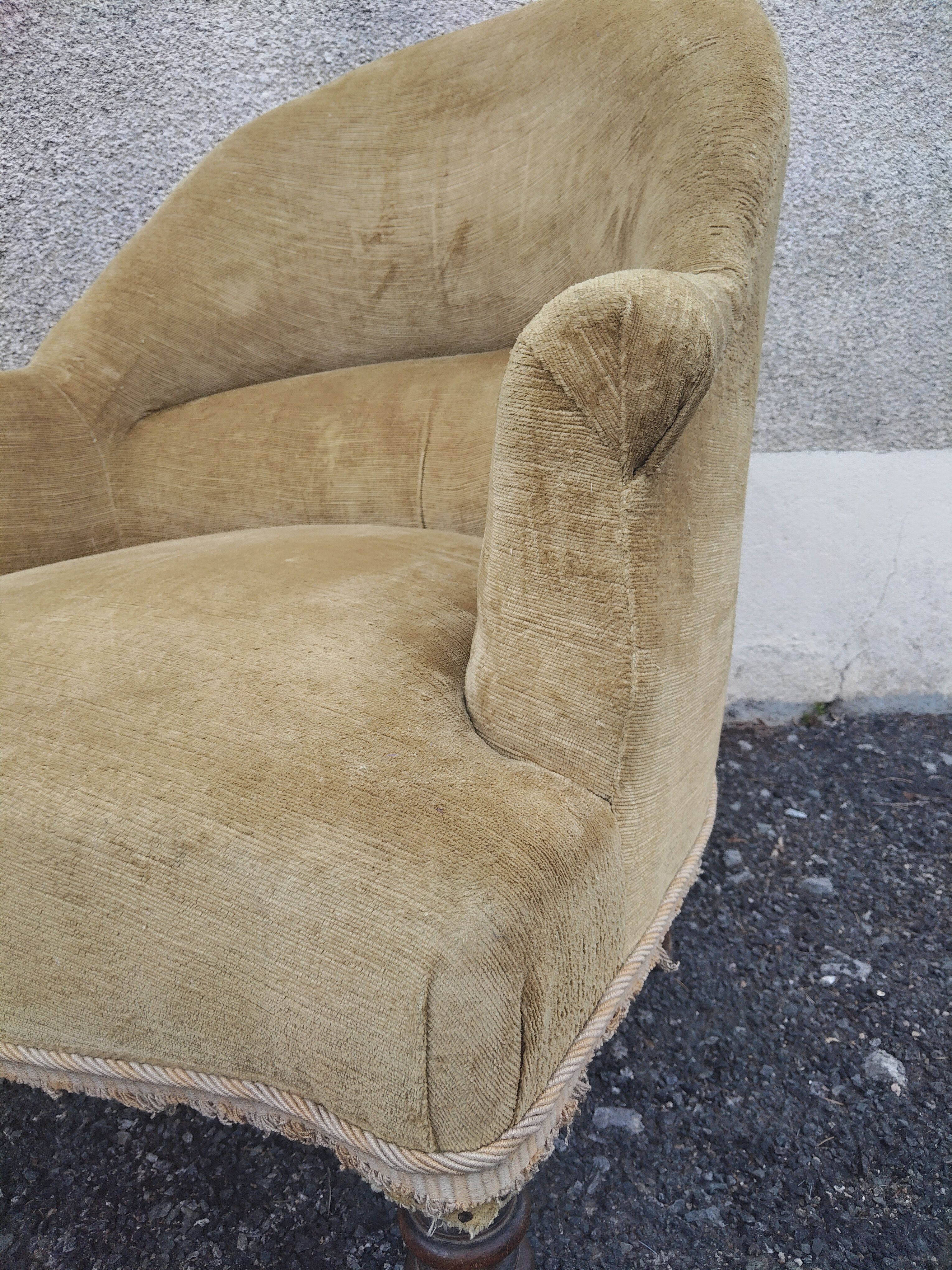 Antique Napoleon III crab chair in patinated mustard velvet.
