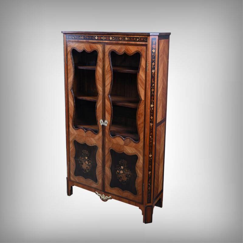 Showcase in precious wood marquetry, Louis XV Transition style.