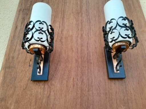Pair vintage wrought iron wall lamps