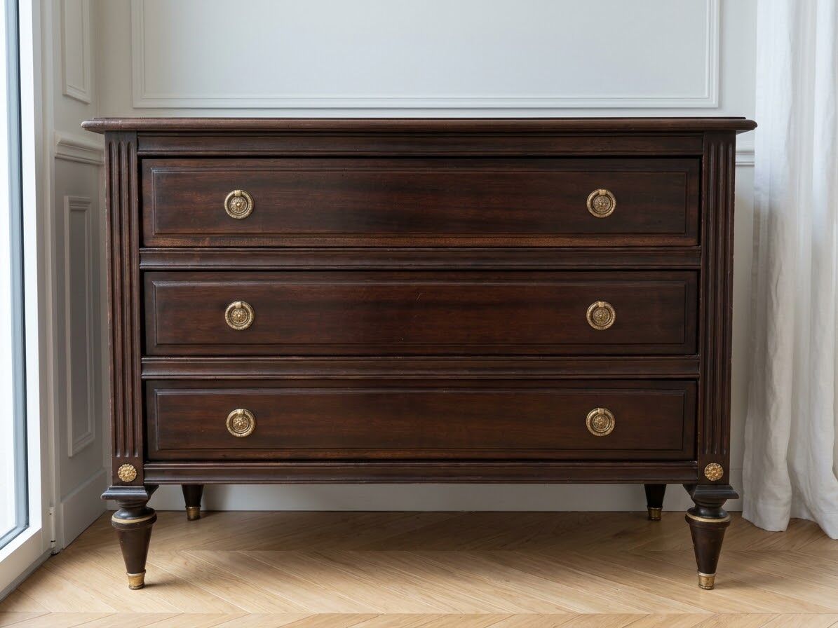Antique Louis XVI commode in brown wood and gilded brass.