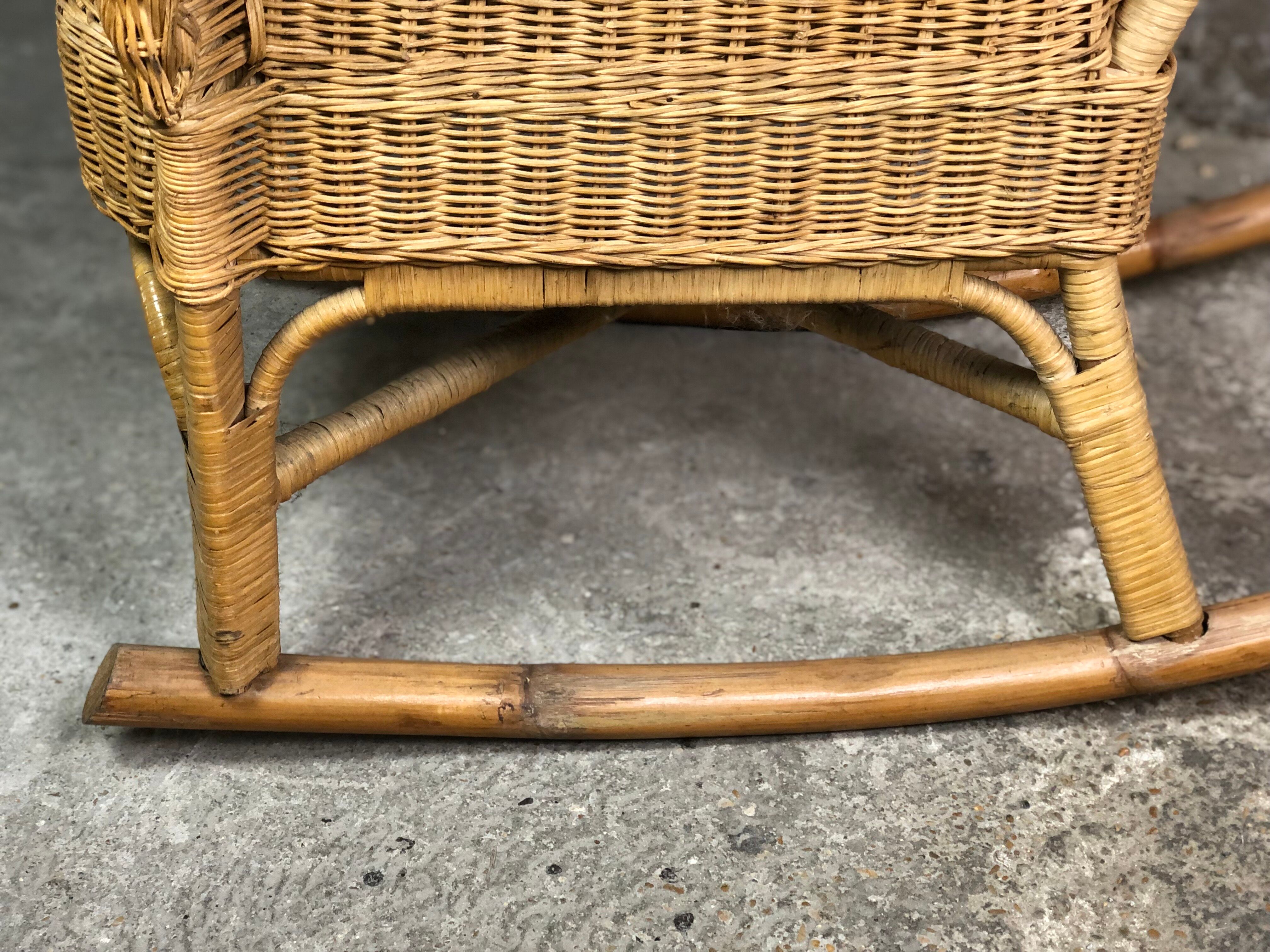 Rocking chair in rattan and bamboo rocker 1980