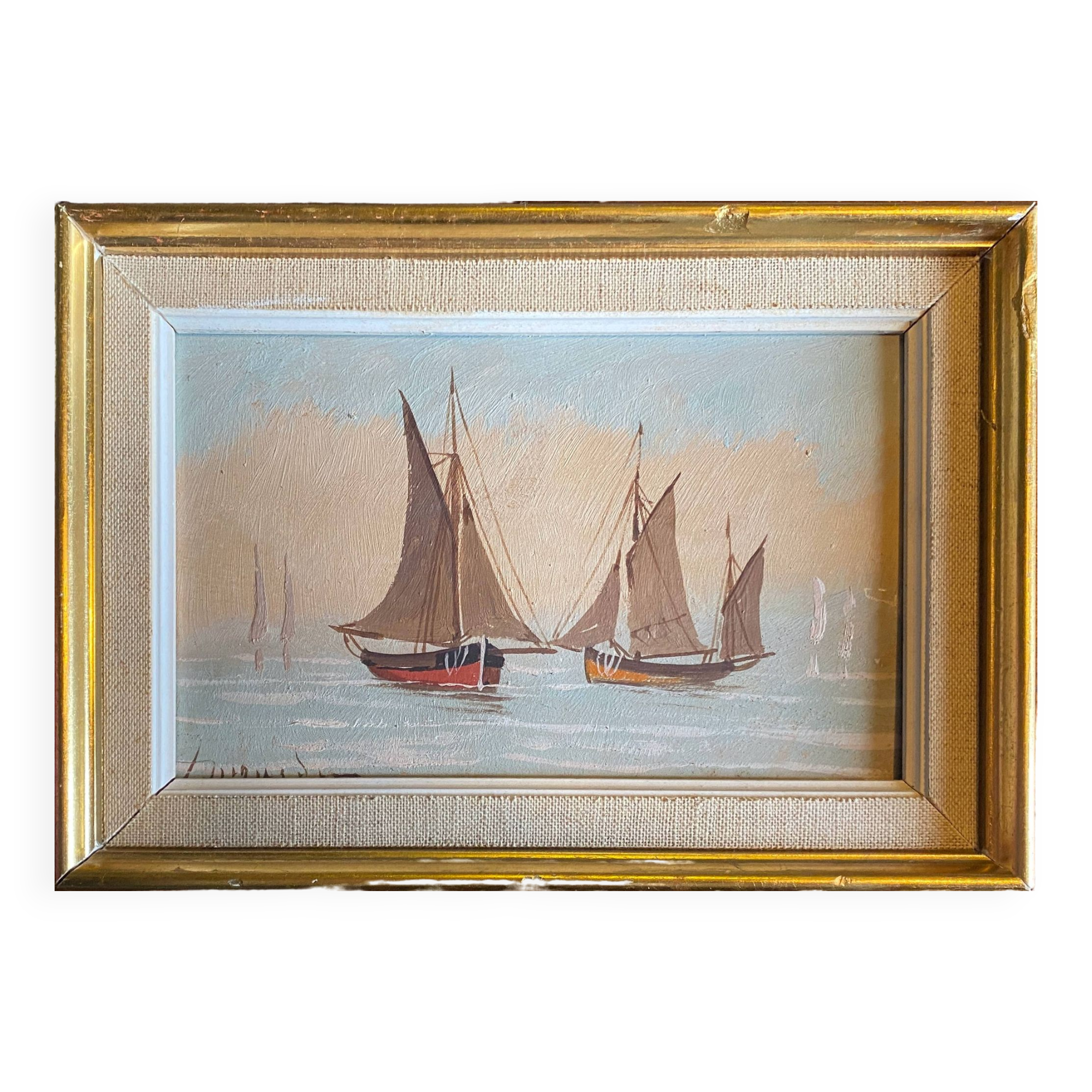 Tableau HSP "Marine aux voiliers" signée + cadre vers 1950