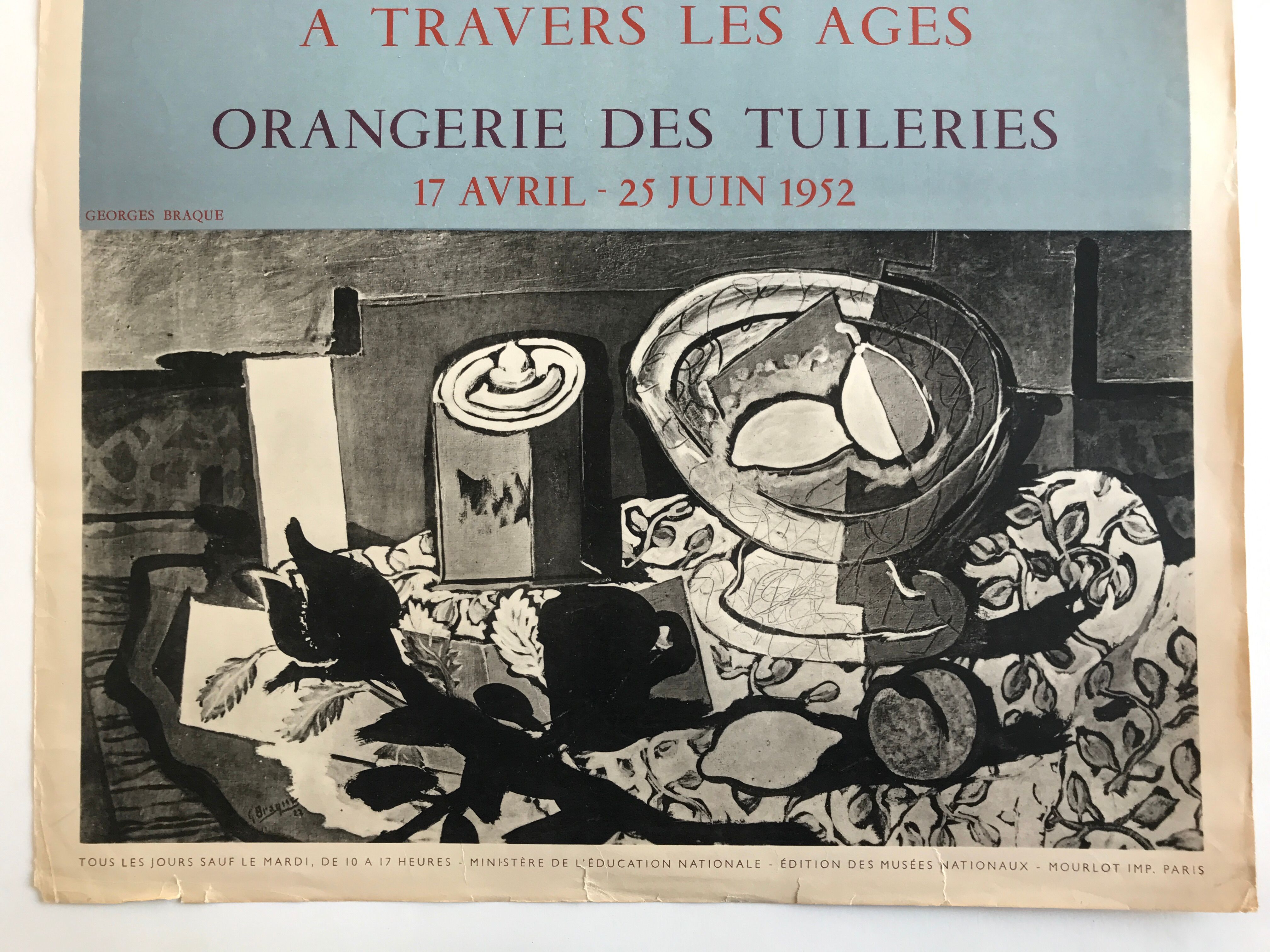 Original lithographed poster exhibition George Braque, Orangerie des Tuileries, 1952