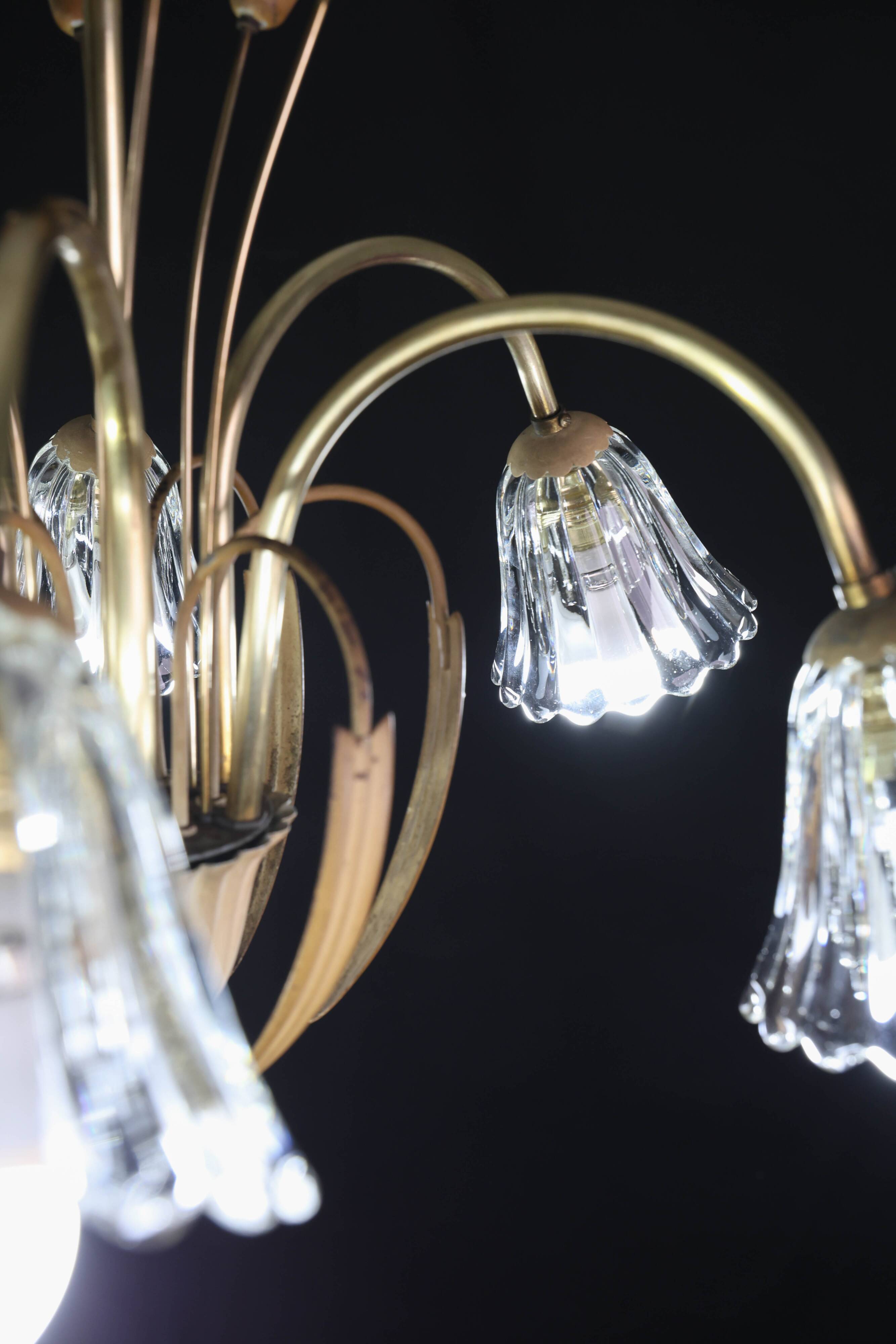 Art Deco Murano Glass and Brass Chandelier, 6 light, 1950