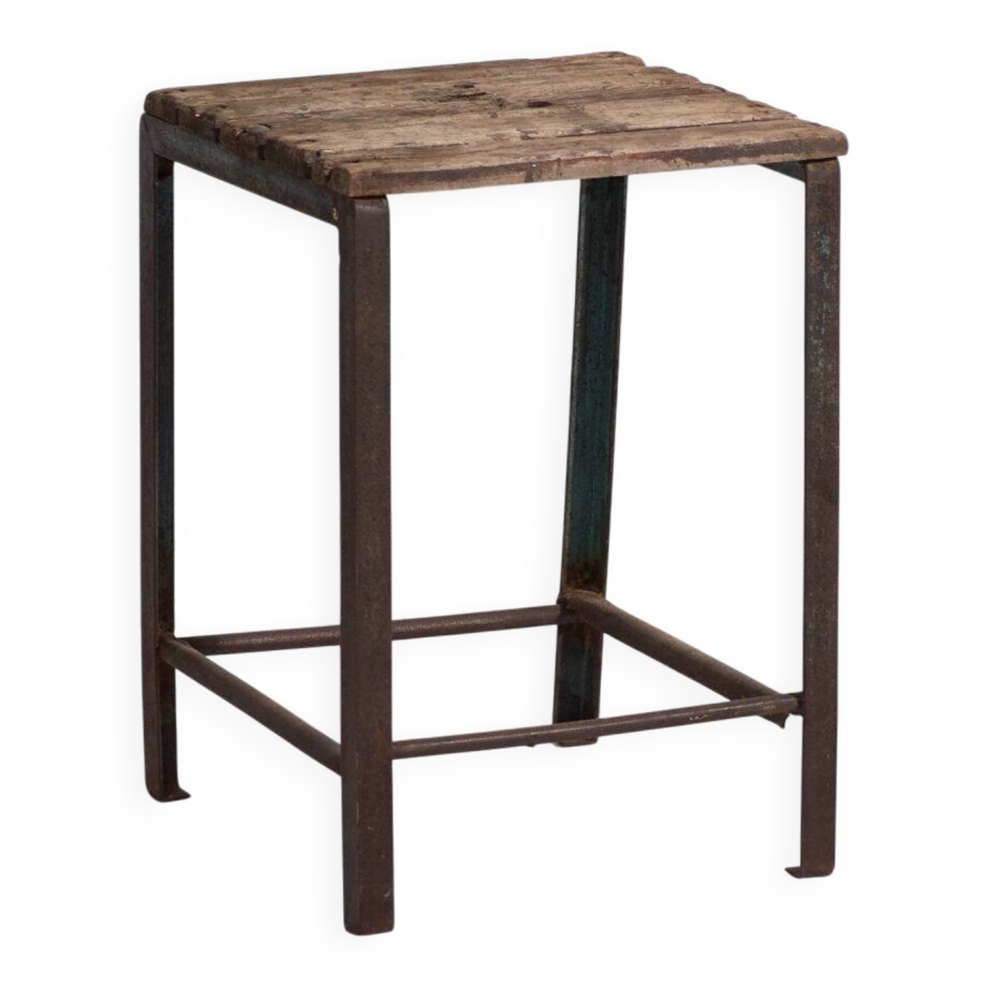 Vintage industrial stool made of pine wood and iron – Central Europe, around 1950