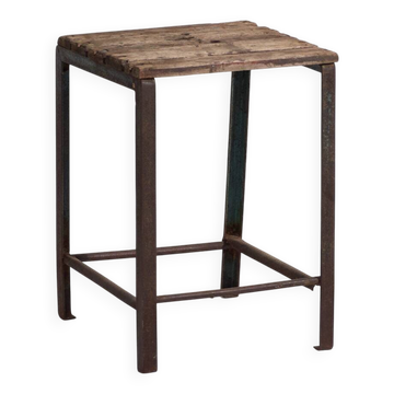 Vintage industrial stool made of pine wood and iron – Central Europe, around 1950