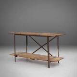 Industrial side table with metal frame and wooden top and removable platform, Belgium, 1920