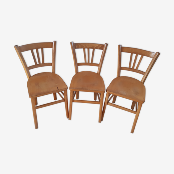 Trio de chaises bistrot en hêtre années 50