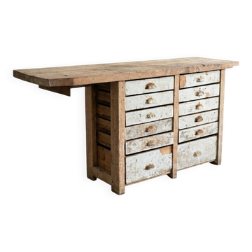 Authentique Comptoir de Métier / Établi Ancien à Tiroirs - Bois Massif